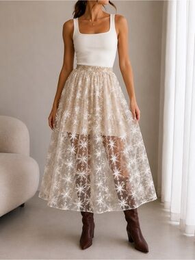 Maje Neutral Beige Embroidered Tulle Midi Skirt